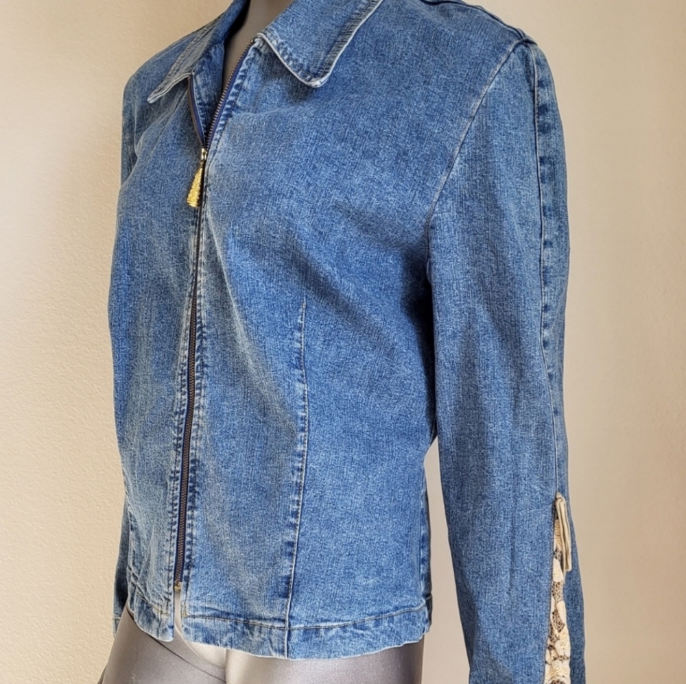 Very Vintage Joseph Ribkoff Denim Jacket with lace sleeve inserts Size 12